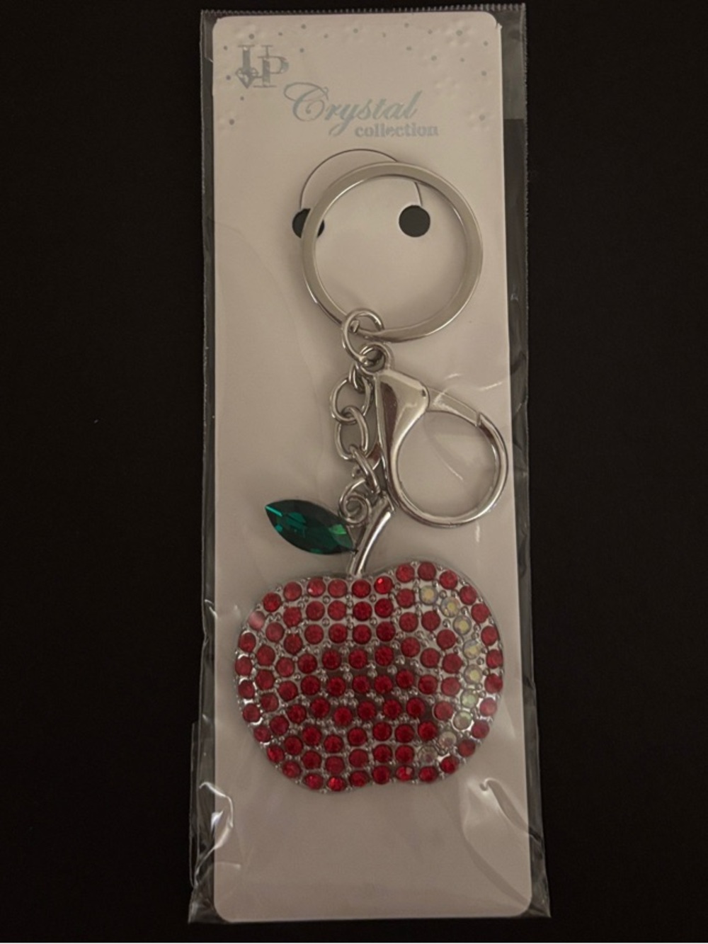 Crystal Collection Red Apple Keychain with Green Rhinestone Leaf
